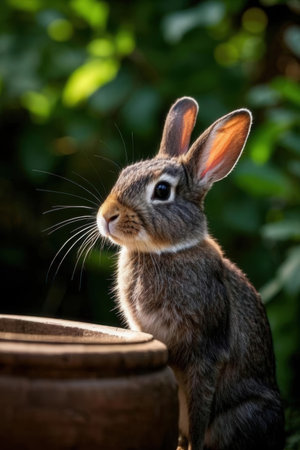 Rabbit sitting on a pot in the garden looking at the cameraの素材