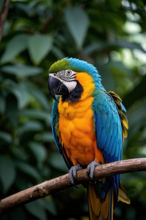 Blue and yellow macaw sitting on a branch in the rainforestの素材