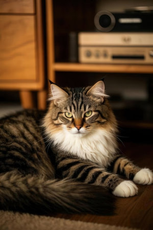 Beautiful siberian cat lying on the floor at home.の素材