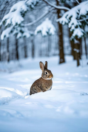 Rabbit sitting on snow in winter forest. Wild animal in nature.の素材