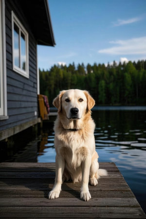 Golden Retriever sitting on a dock by the lake looking at the cameraの素材