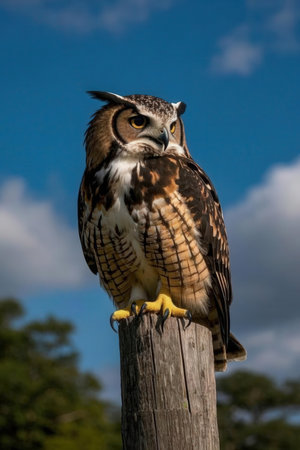 Great Horned Owl, Bubo virginianus, perched on a postの素材