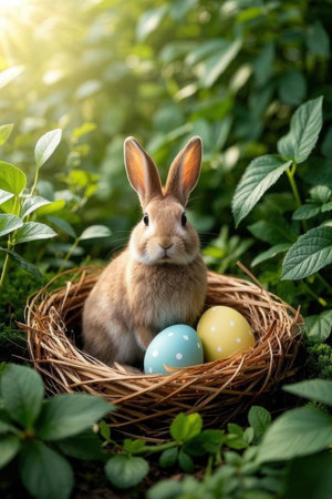 Easter bunny with colorful eggs in nest on green grass background.の素材