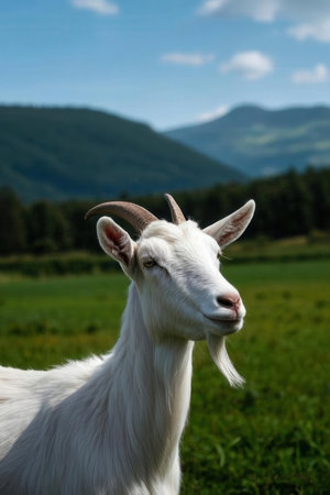 Portrait of a white goat on the background of the mountains.の素材