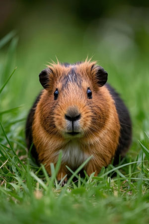 Guinea pig in the grass looking at the camera with green backgroundの素材
