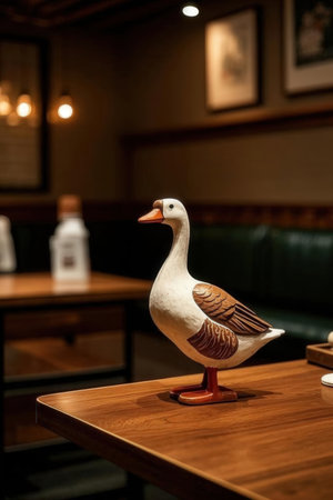 Sculpture of a goose on a wooden table in a restaurantの素材