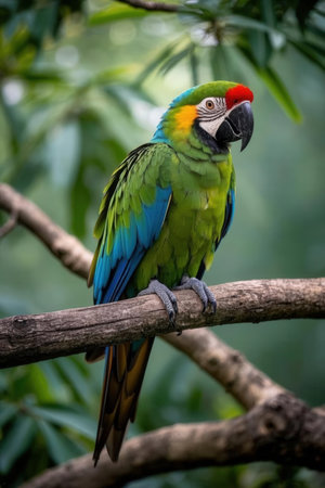 Beautiful colorful macaw sitting on a branch in the forest.の素材