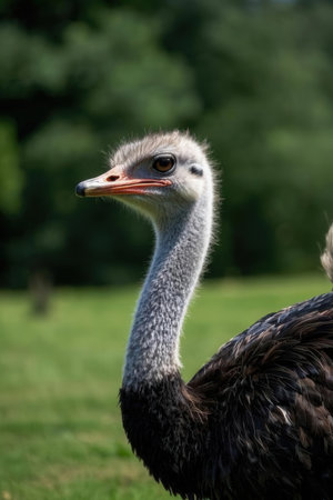 Portrait of an ostrich on a green meadow in summerの素材