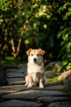 Portrait of a cute dog sitting on a stone path in the parkの素材