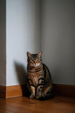 A cat sitting on the floor and looking at the camera with a sad expression.の素材