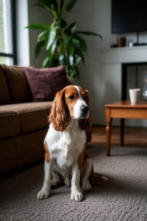 Cute welsh springer spaniel dog sitting on carpet at homeの素材