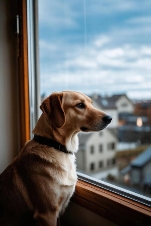 Labrador retriever dog looking out of the window in the cityの素材