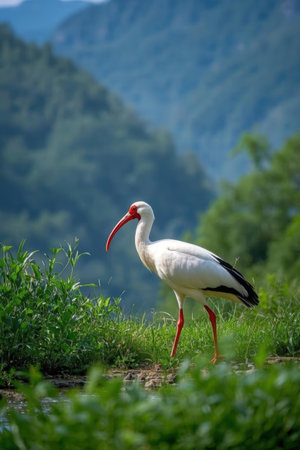 White stork on the shore of the lake in the mountains.の素材