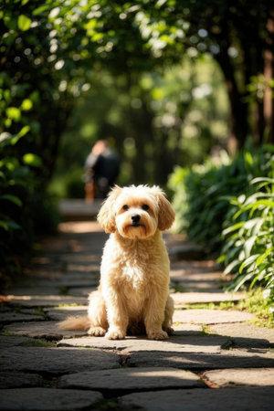 Cute dog sitting on the road in the park with his ownerの素材