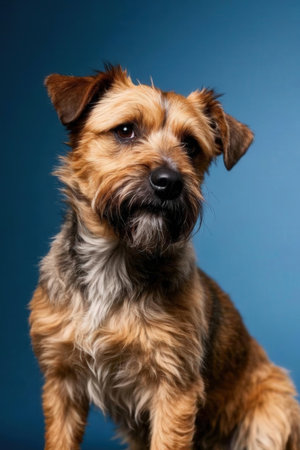 Studio portrait of a mixed breed dog sitting on blue background, looking at camera.の素材