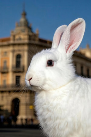 White rabbit in front of a building in the city of Lisbon, Portugalの素材