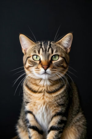 Close-up portrait of a tabby cat on a black backgroundの素材