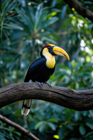 Rhinoceros Hornbill on a branch in the rainforestの素材