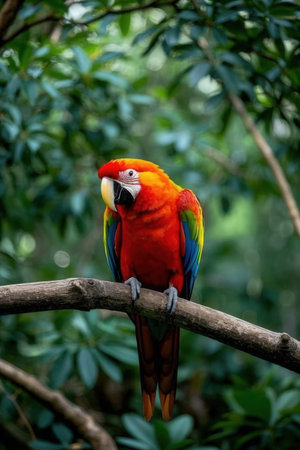 beautiful Scarlet macaw sitting on a branch in the rainforestの素材