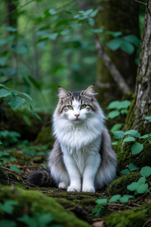 Beautiful long-haired cat with green eyes sitting in the forestの素材