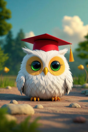 Owl with graduation cap and red tassel on his headの素材
