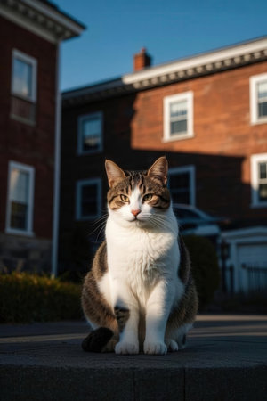 Cat sitting in front of a red brick house in New York Cityの素材