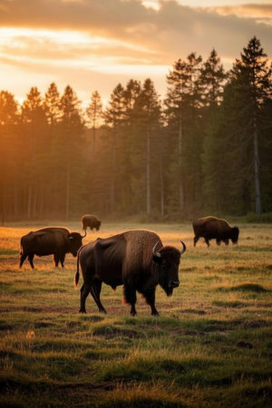 Bison grazing in Yellowstone National Park, Wyoming, United States.の素材