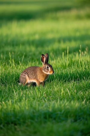 Cute little brown hare standing on the green meadow.の素材