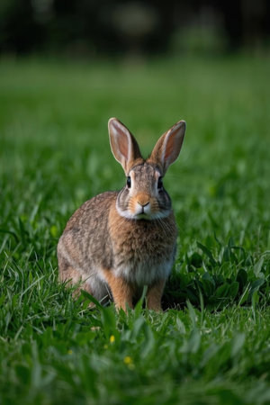 Rabbit sitting on the grass in the meadow and looking at the cameraの素材