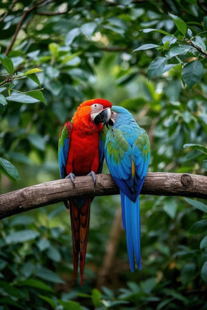 beautiful Scarlet macaws on a branch in the forest, natureの素材