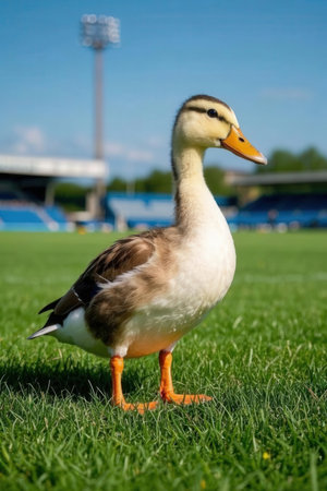duck on the green grass in the stadium with blue sky backgroundの素材
