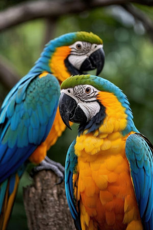 beautiful Scarlet macaws sitting on a tree branch in a parkの素材