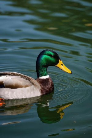 Male mallard duck swimming on a lake in Maryland during the Summerの素材