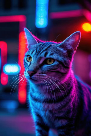 Cute cat in front of the colorful lights in the night.の素材