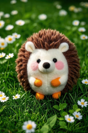 Cute hedgehog on green grass with camomiles flowers.の素材
