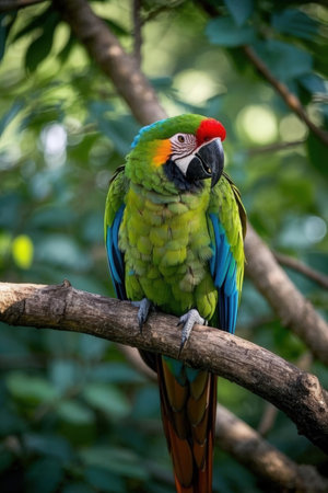Colorful macaw bird sitting on a branch in the forest.の素材