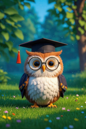 Owl in graduation cap and glasses on the grass with flowers.の素材