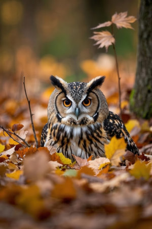 Eurasian Eagle Owl (Bubo bubo) in autumn forestの素材