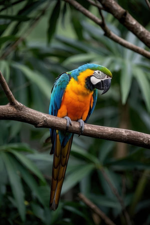 Colorful macaw parrot sitting on the branch in the forestの素材