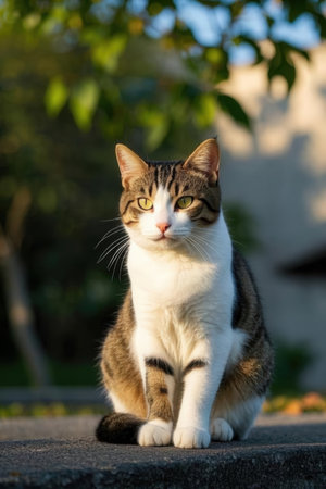 Beautiful cat sitting on the floor in the garden. Selective focus.の素材