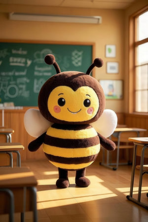 Cute little bee with a big heart in his hand in the classroomの素材