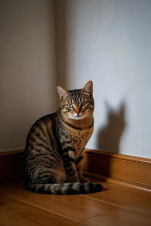 Bengal cat sitting on the wooden floor with shadow in the wallの素材