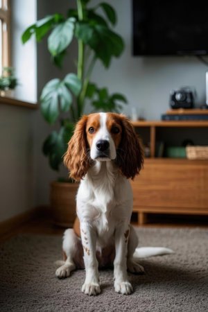 Cute welsh springer spaniel dog sitting on carpet at homeの素材
