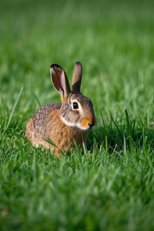 Cute little rabbit in the green grass on the meadow.の素材