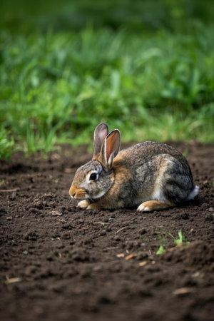 Cute little rabbit sitting on the ground in the garden, closeupの素材