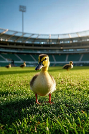 Duckling on the grass in front of a football stadium.の素材