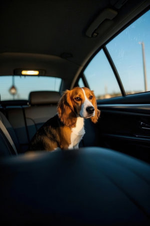 Cute Beagle dog looking out of the car window, sunsetの素材