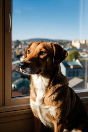 Portrait of a dog sitting on the windowsill and looking at the cityの素材