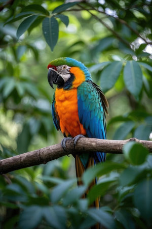 Colorful macaw sitting on a branch in the rainforest.の素材