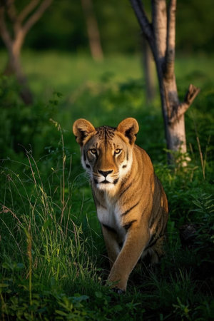 Close up of a lioness sitting in the grass looking at the cameraの素材